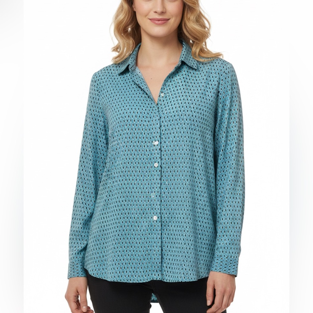 J. JILL Button down Fish motif Shirt v-neck Tunic Blue white black Size XL